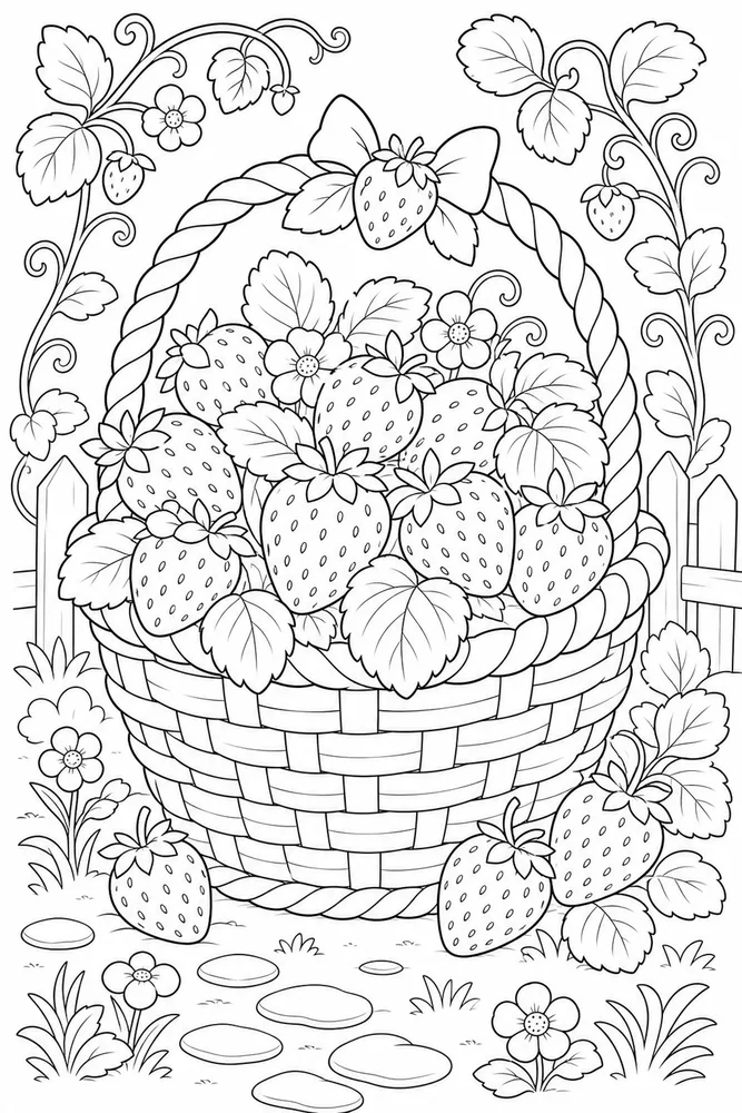 Cute Food Strawberry Garden Basket coloring page