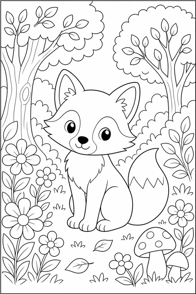 Cute Fox Coloring Pages preview: Cute Fox Fox Forest Flowers coloring page