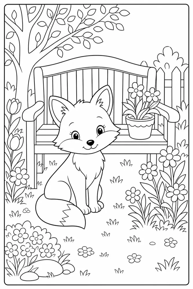 Cute Fox Fox Garden Bench coloring page