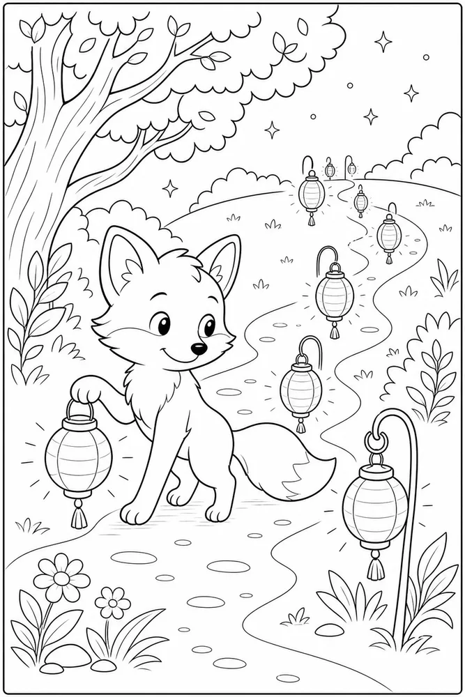 Cute Fox Fox Lantern Trail coloring page