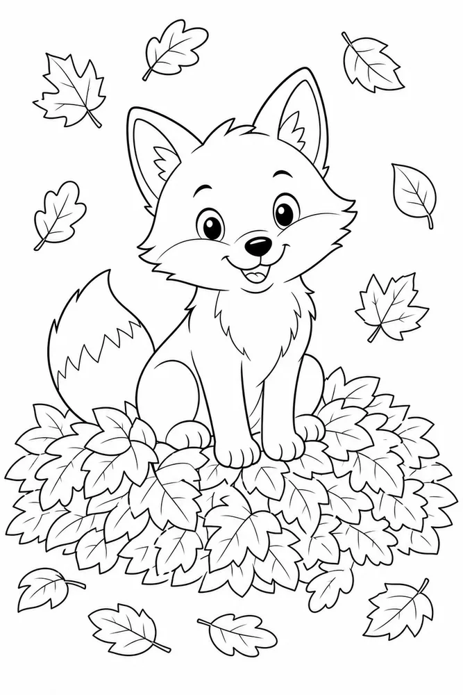 Cute Fox Fox Leaf Pile coloring page