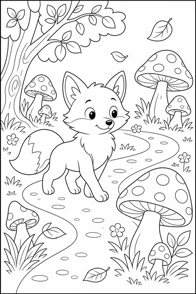 Cute Fox Fox Mushroom Path coloring page