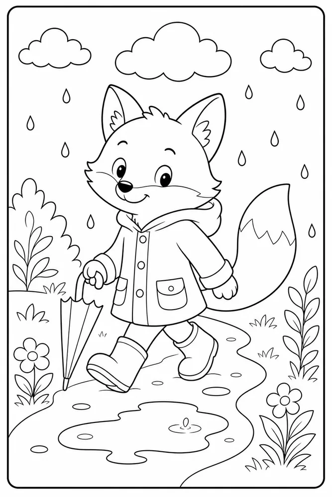 Cute Fox Fox Raincoat Walk coloring page