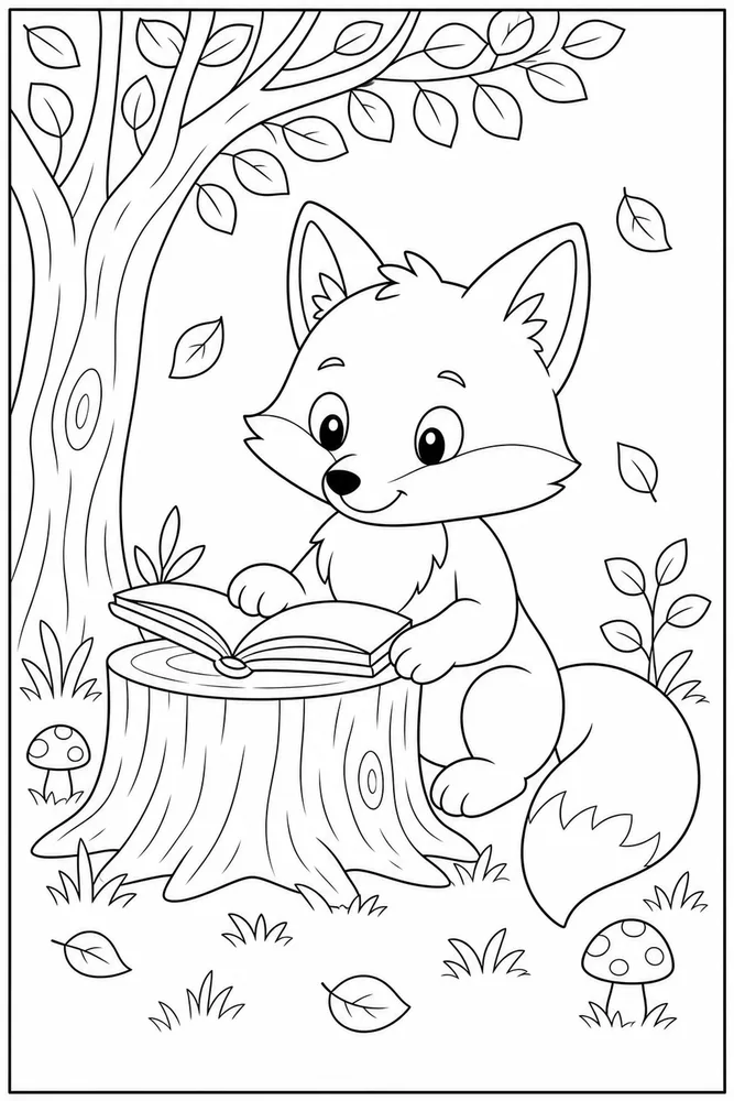 Cute Fox Fox Reading Stump coloring page
