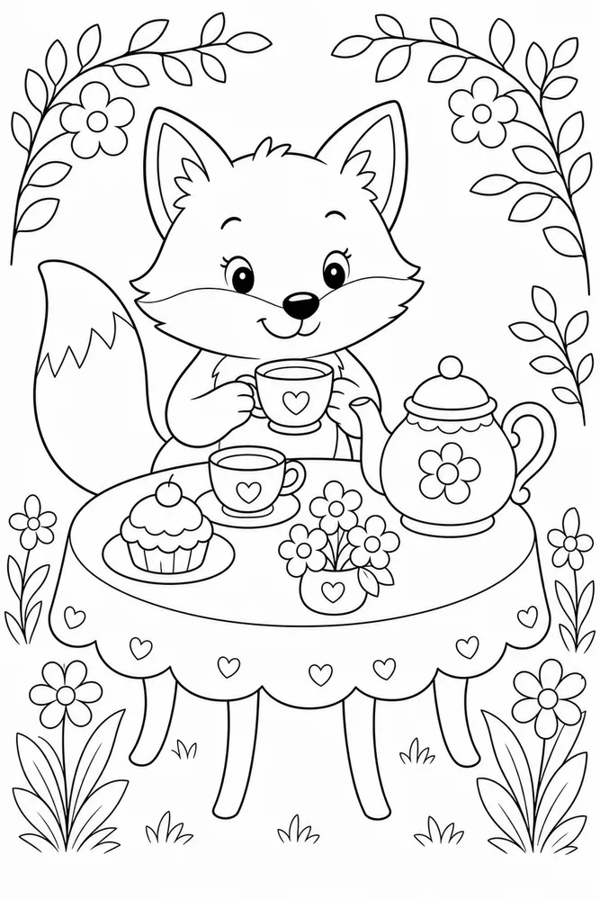 Cute Fox Fox Tea Table coloring page
