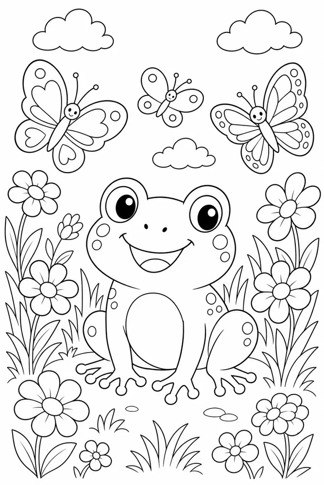 Cute Frog Frog Butterfly Meadow coloring page