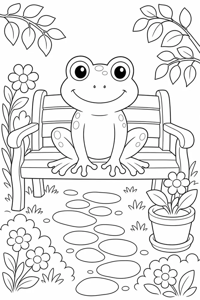 Cute Frog Frog Garden Bench coloring page