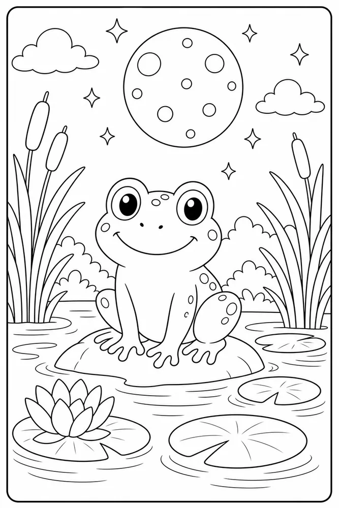 Cute Frog Frog Moon Pond coloring page