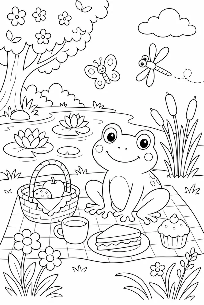 Cute Frog Frog Pond Picnic coloring page
