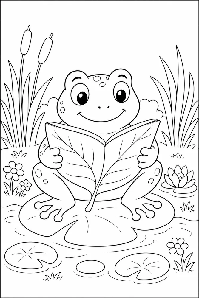 Cute Frog Frog Reading Leaf coloring page
