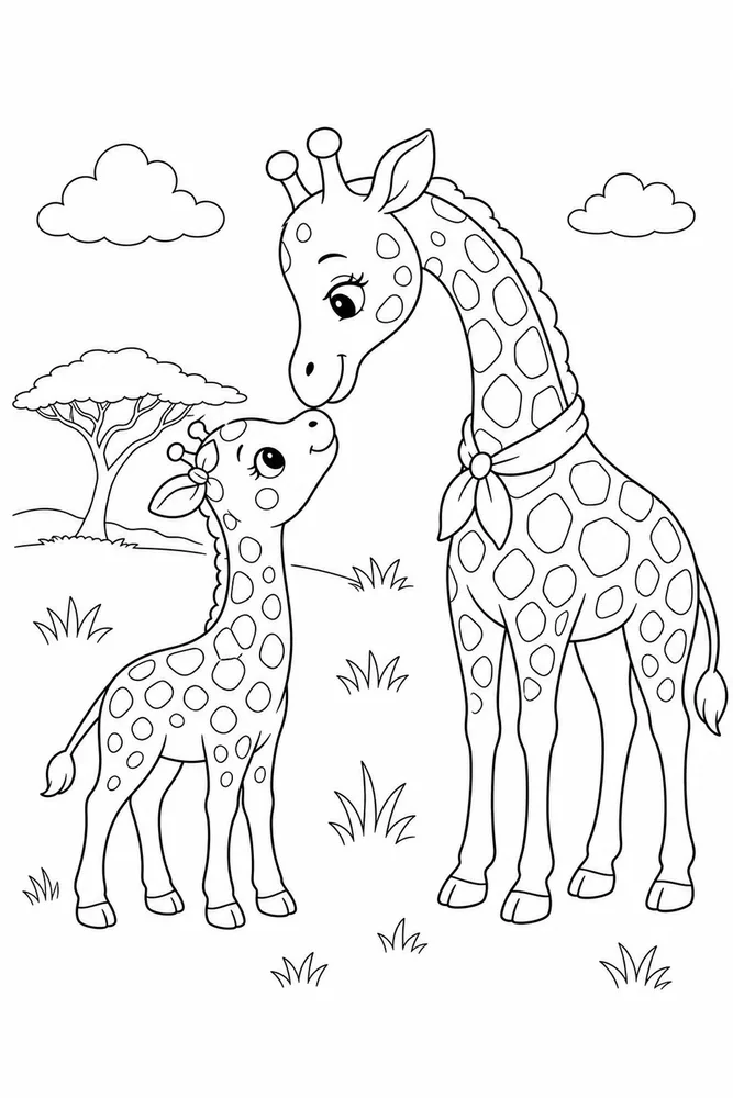 Cute Giraffe Cute giraffe family scene coloring page