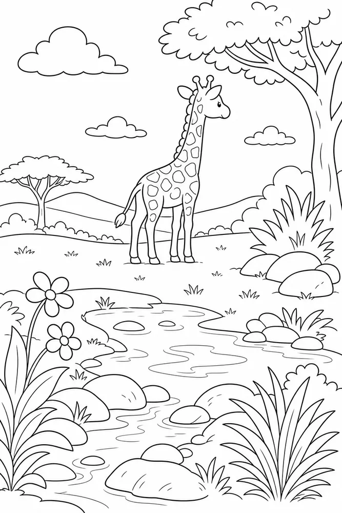 Cute Giraffe Cute giraffe habitat background coloring page