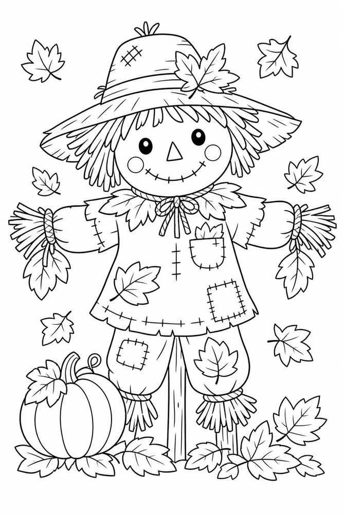 Cute Halloween Autumn Leaf Scarecrow coloring page