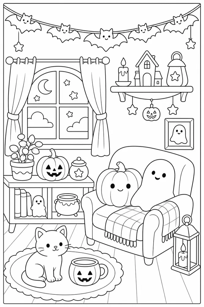 Cute Halloween Bat Garland Room coloring page