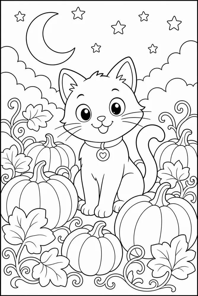 Cute Halloween Black Cat Pumpkin Patch coloring page
