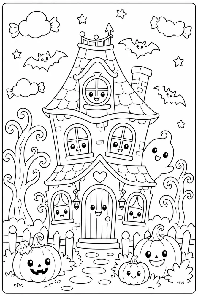 Cute Halloween Haunted But Friendly House coloring page