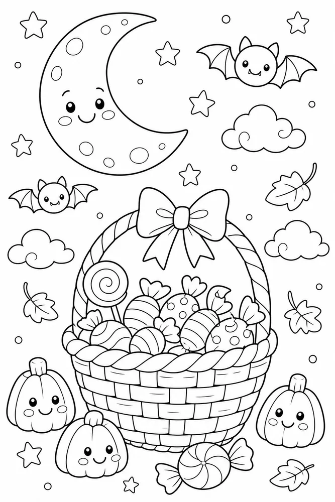 Cute Halloween Moonlit Candy Basket coloring page