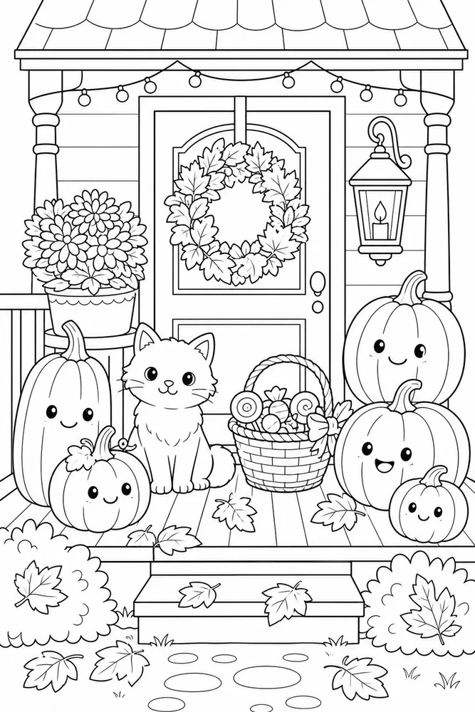 Cute Halloween Coloring Pages preview: Cute Halloween Pumpkin Porch coloring page