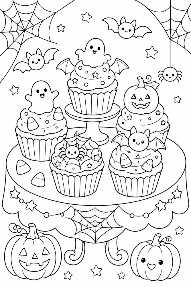 Cute Halloween Spooky Cupcake Table coloring page