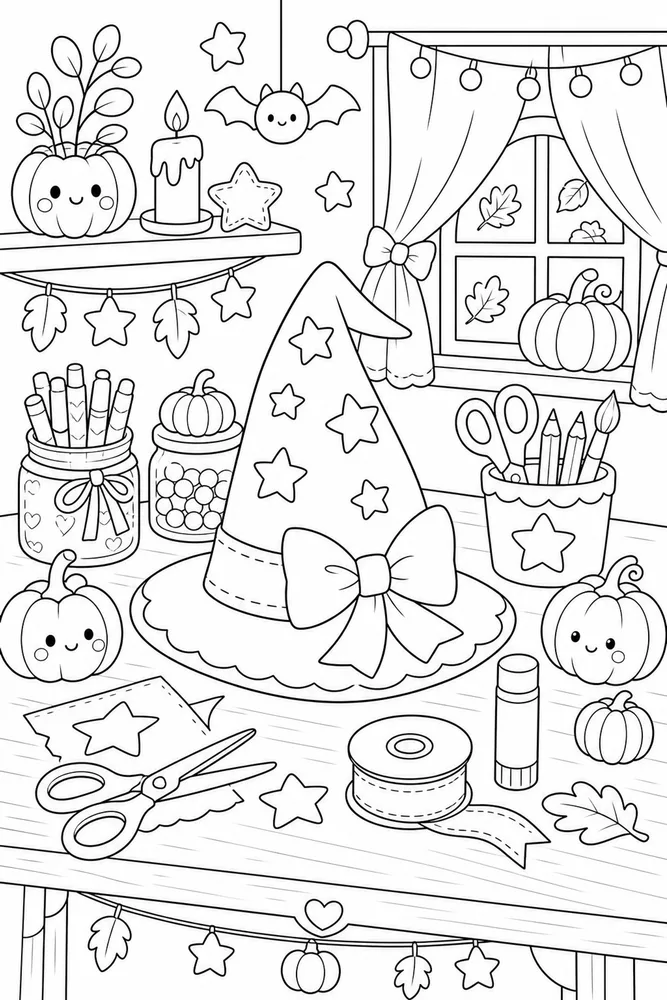 Cute Halloween Witch Hat Craft Desk coloring page
