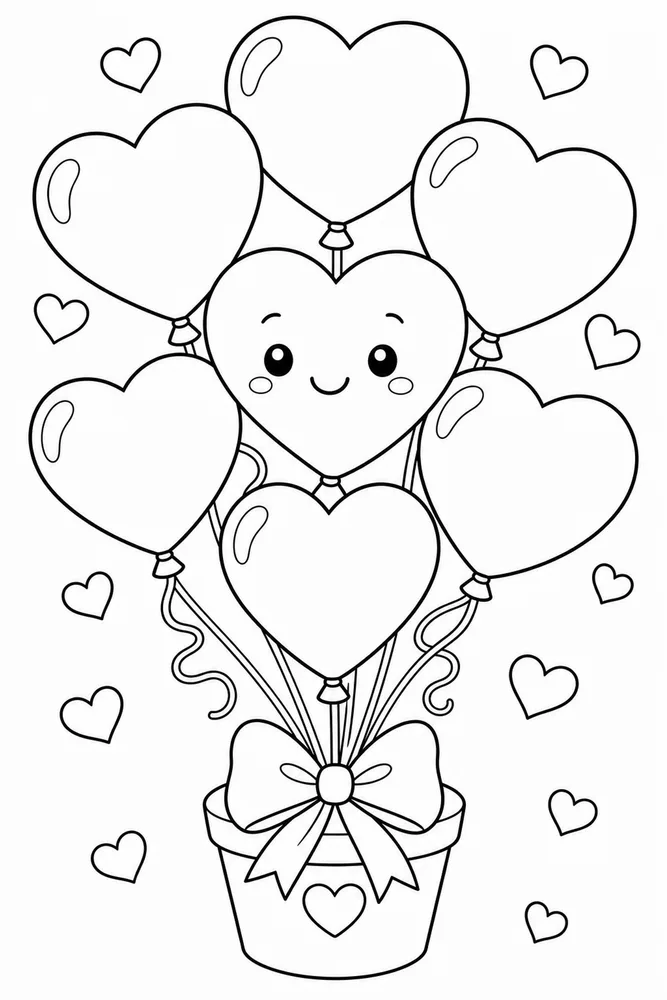 Cute Heart Coloring Pages preview: Cute Heart Heart Balloon Bouquet coloring page