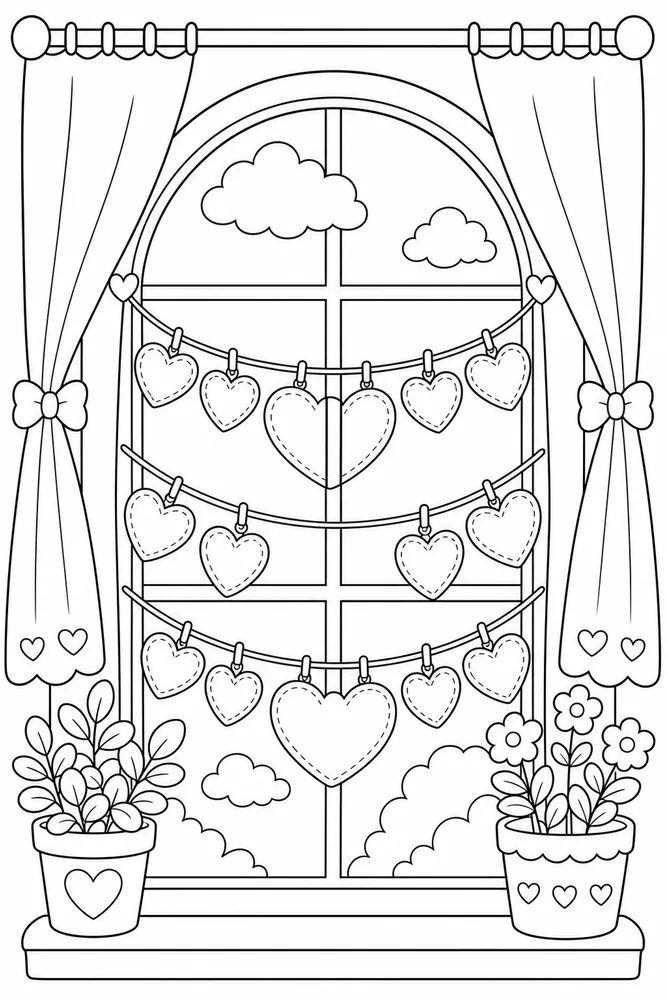 Cute Heart Heart Garland Window coloring page