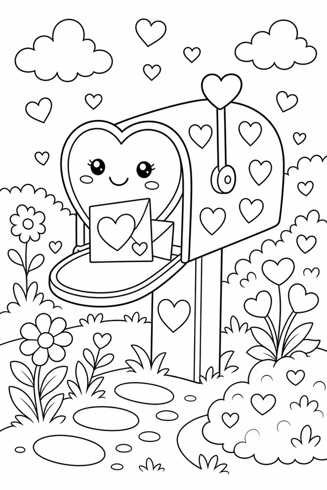 Cute Heart Heart Mailbox Scene Without Words coloring page