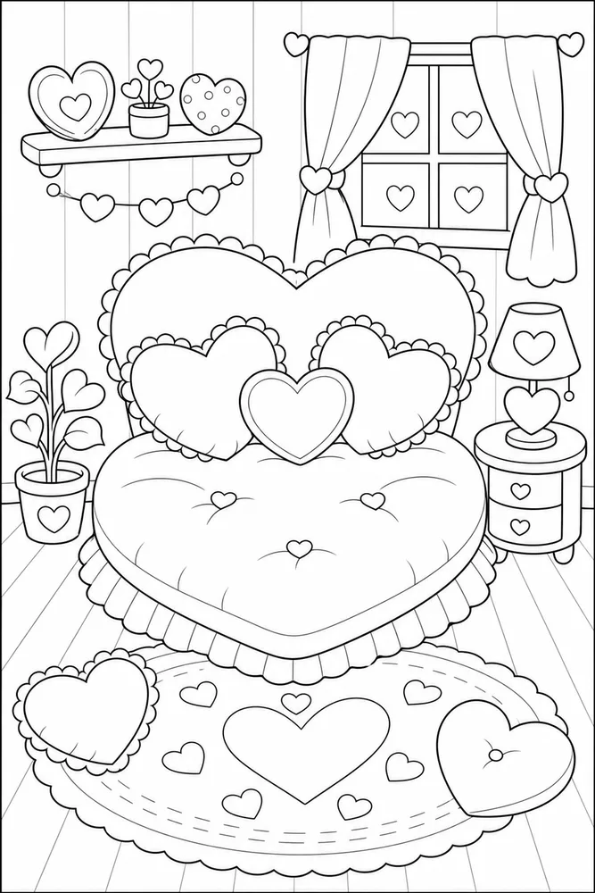 Cute Heart Heart Pillow Room coloring page