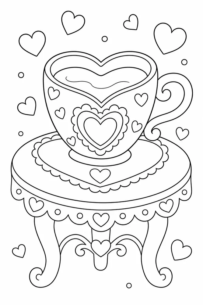Cute Heart Heart Teacup Table coloring page