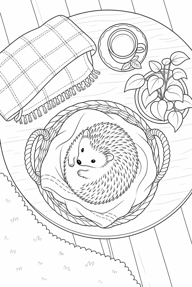 Cute Hedgehog Cute hedgehog cozy indoor moment coloring page