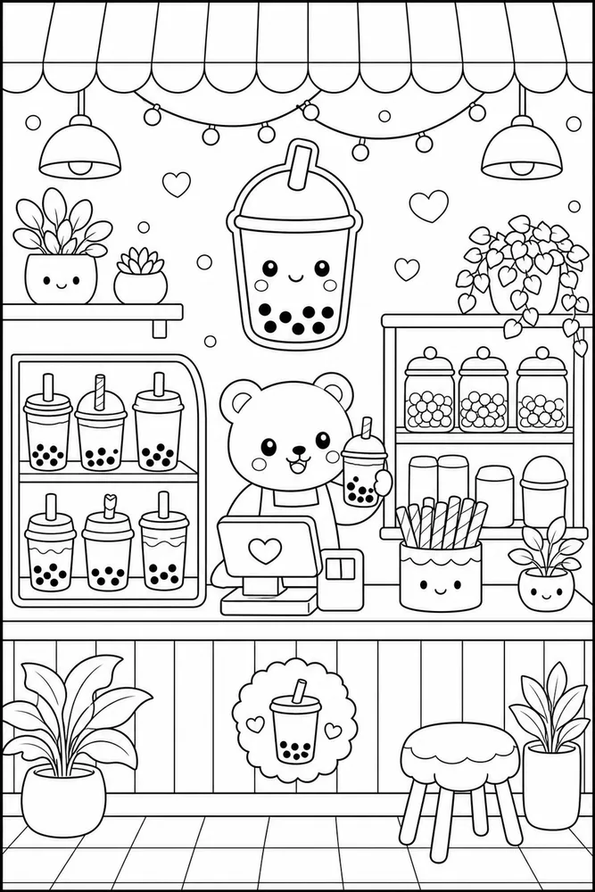 Cute Kawaii Bubble Tea Counter coloring page
