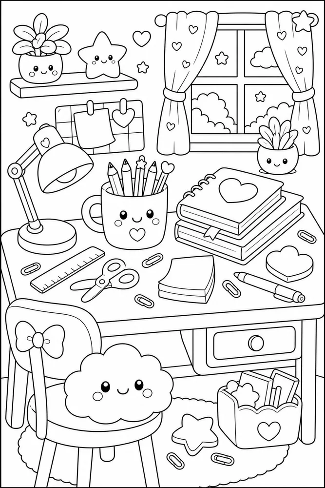 Cute Kawaii Cozy Stationery Desk coloring page