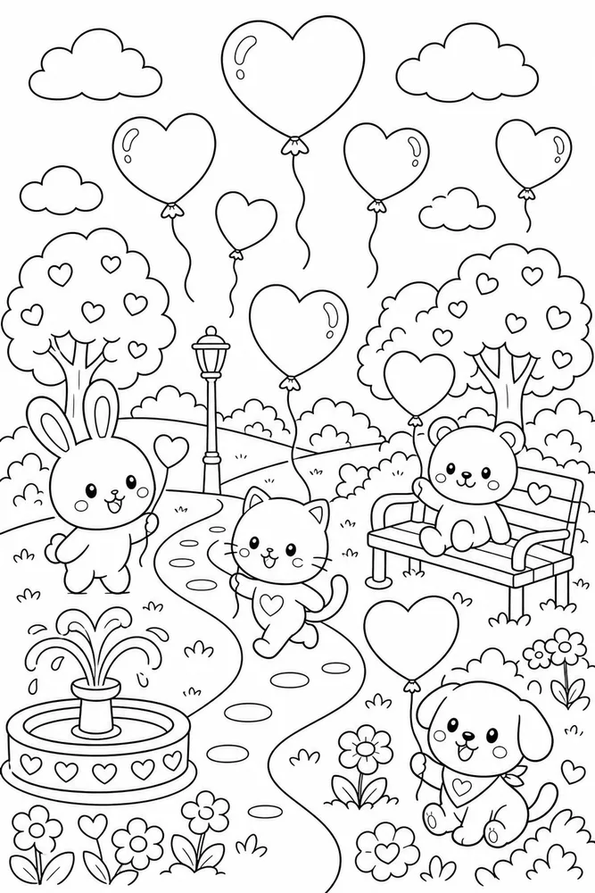 Cute Kawaii Heart Balloon Park coloring page