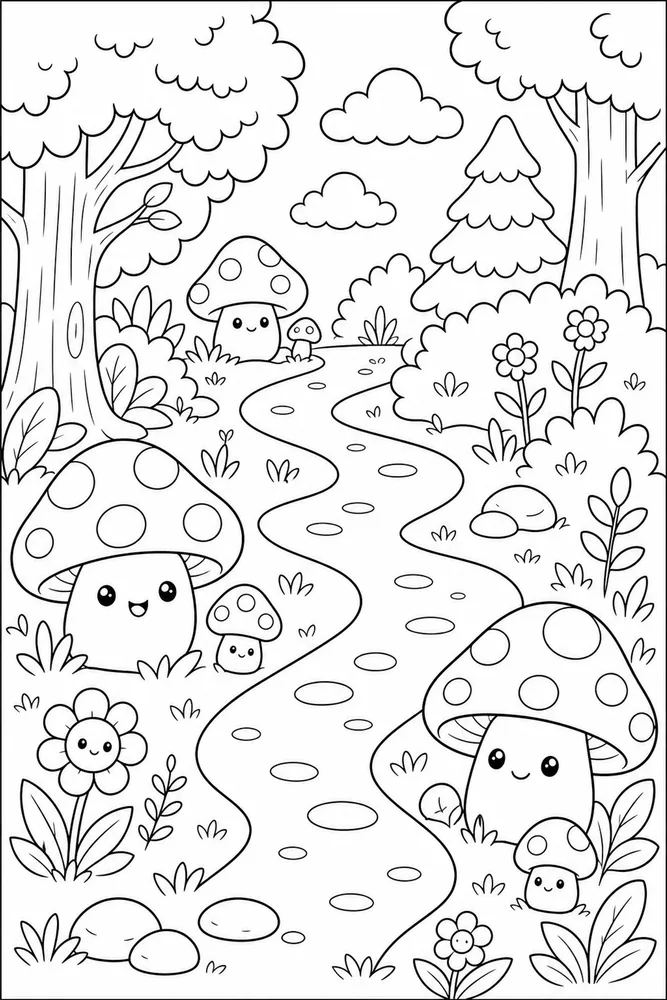 Cute Kawaii Little Mushroom Path coloring page