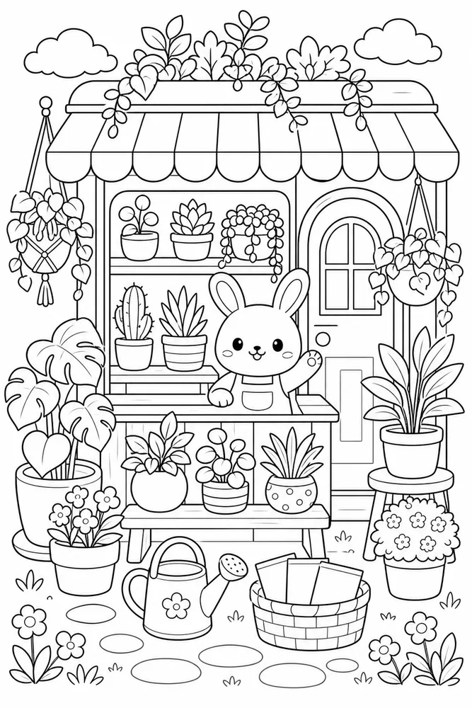 Cute Kawaii Mini Plant Shop coloring page