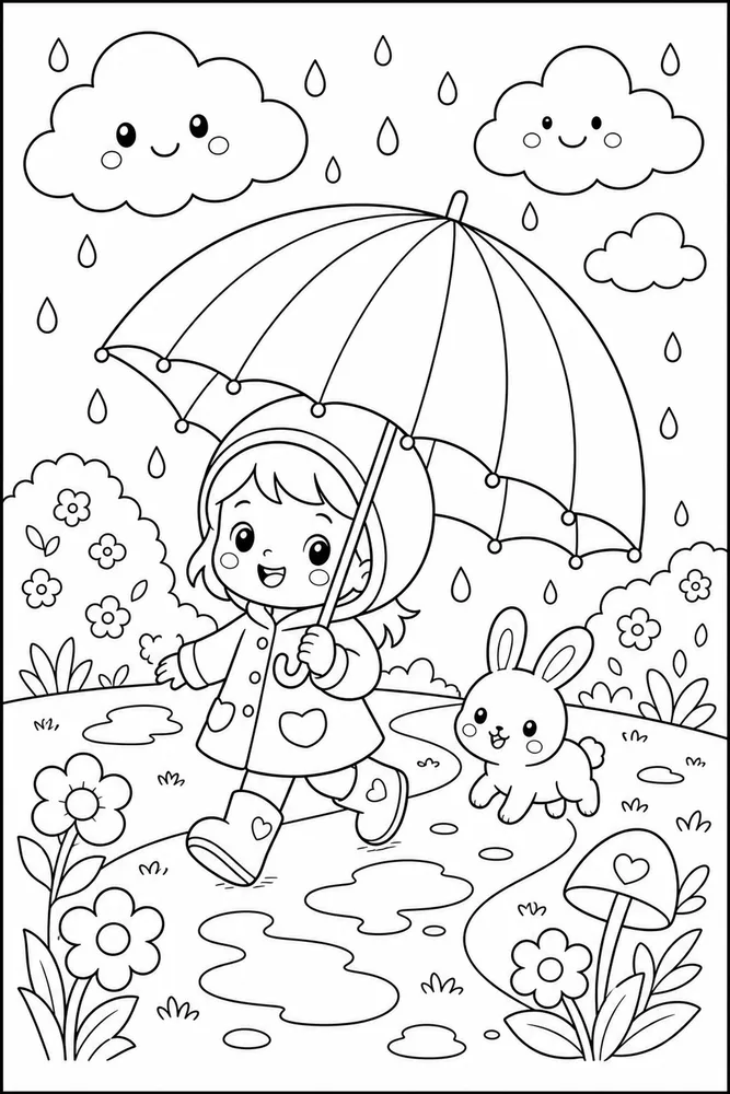 Cute Kawaii Rainbow Umbrella Walk coloring page