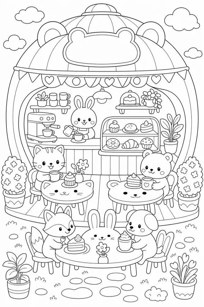 Cute Kawaii Coloring Pages preview: Cute Kawaii Round Animal Cafe coloring page