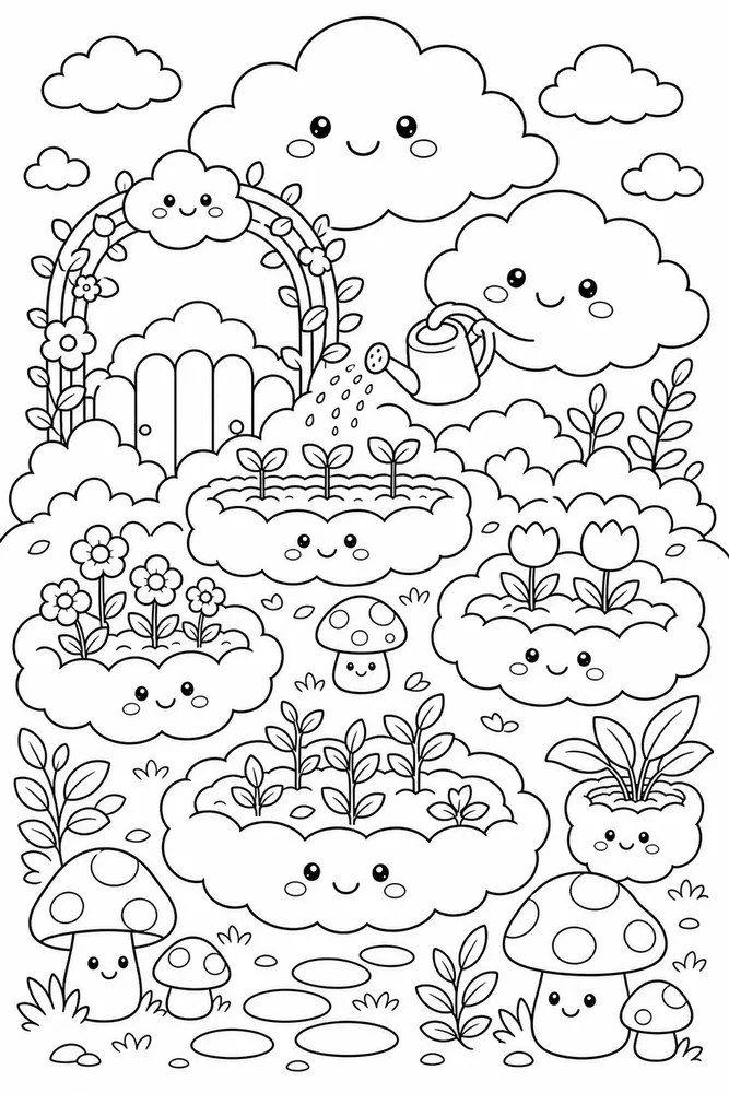 Cute Kawaii Smiling Cloud Garden coloring page