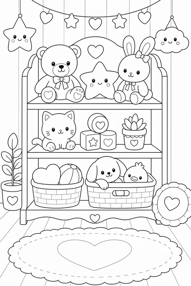 Cute Kawaii Soft Toy Shelf coloring page