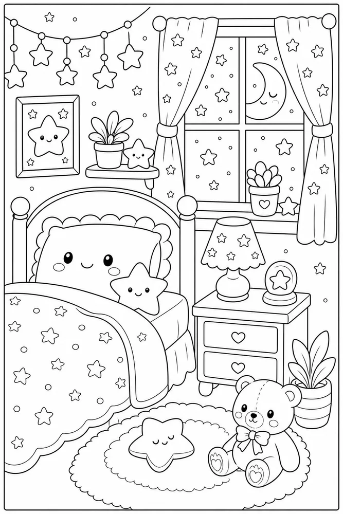 Cute Kawaii Starry Bedroom Corner coloring page