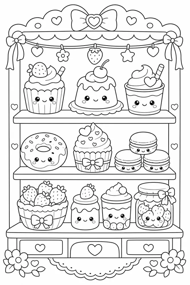 Cute Kawaii Tiny Dessert Shelf coloring page