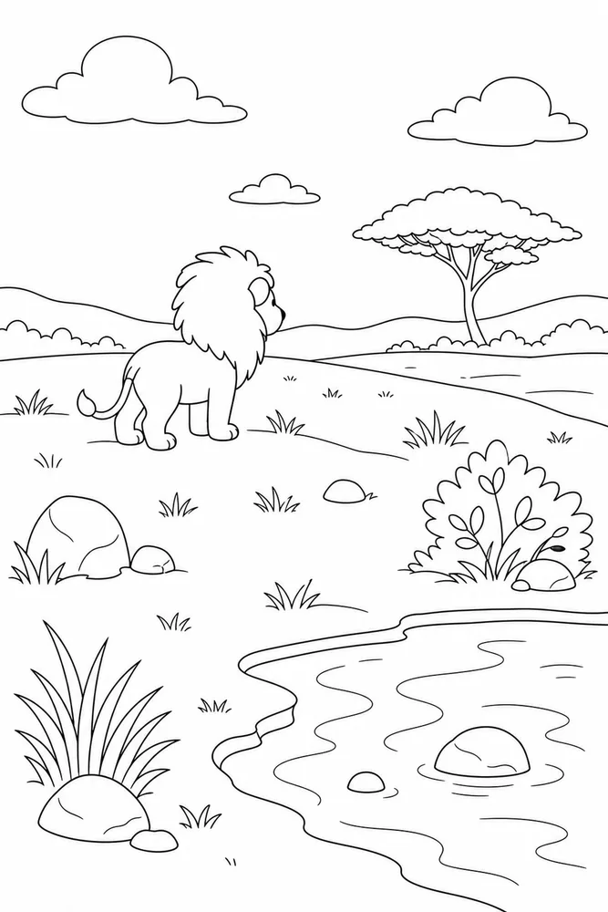 Cute Lion Cute lion habitat background coloring page