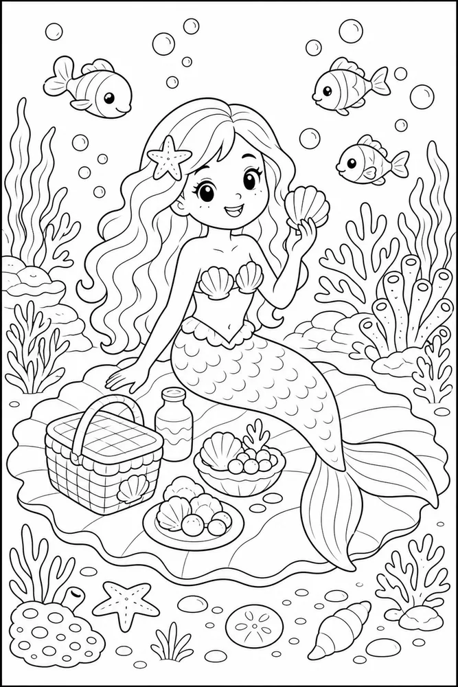 Cute Mermaid Mermaid Coral Picnic coloring page