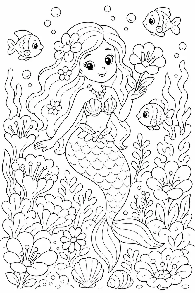Cute Mermaid Mermaid Flower Reef coloring page