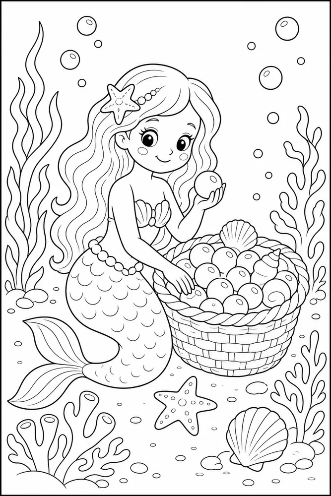 Cute Mermaid Mermaid Pearl Basket coloring page