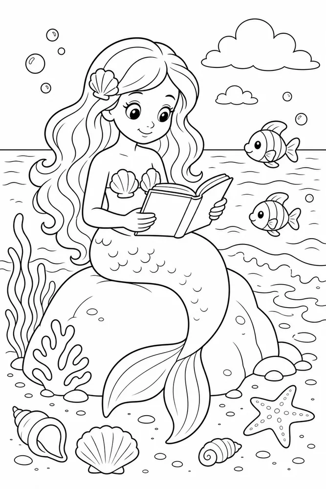Cute Mermaid Mermaid Reading Rock coloring page