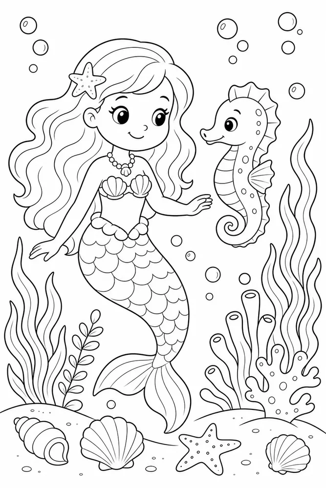 Cute Mermaid Mermaid Seahorse Friend coloring page