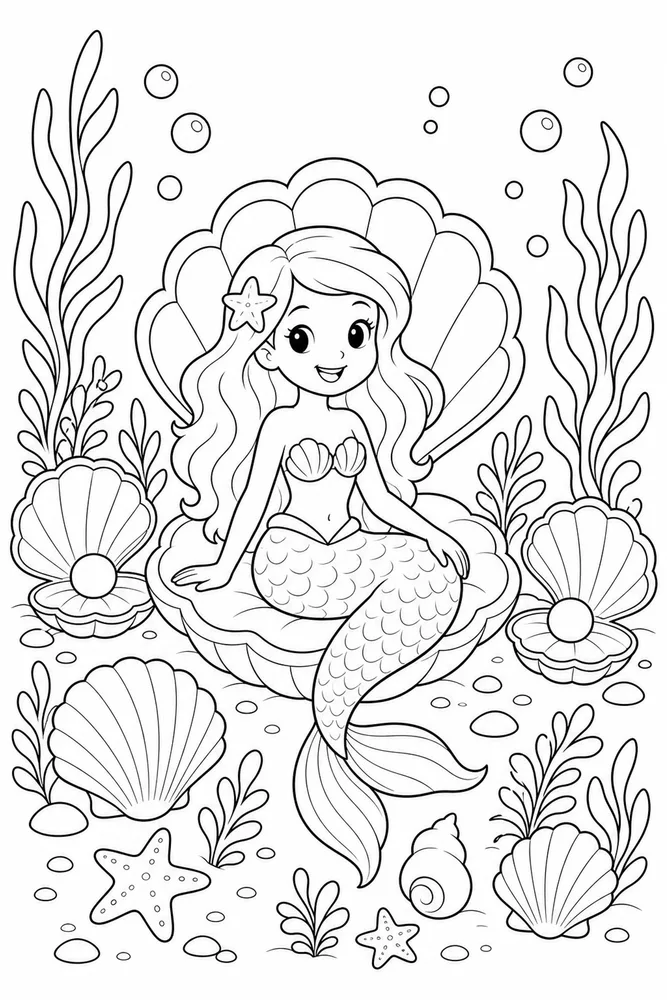 Cute Mermaid Coloring Pages preview: Cute Mermaid Mermaid Shell Garden coloring page