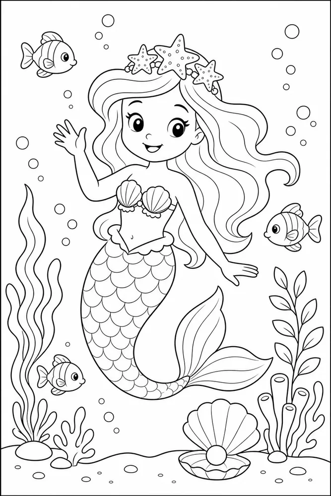 Cute Mermaid Mermaid Starfish Crown coloring page