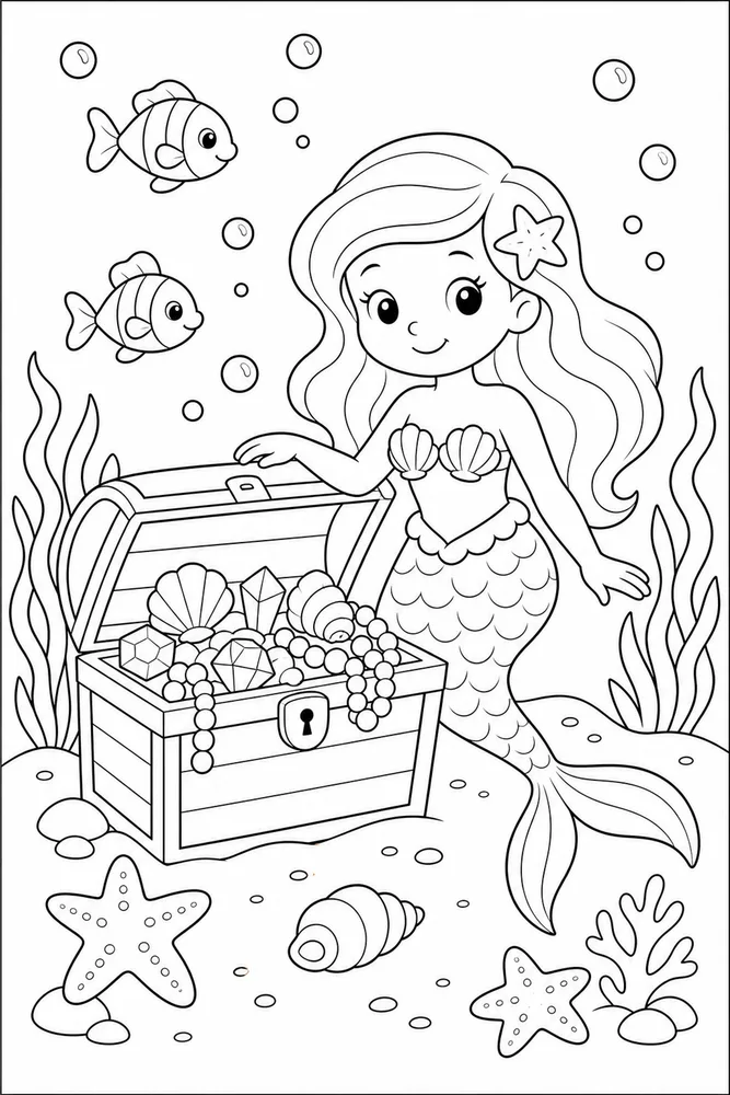 Cute Mermaid Mermaid Treasure Chest Without Marks coloring page